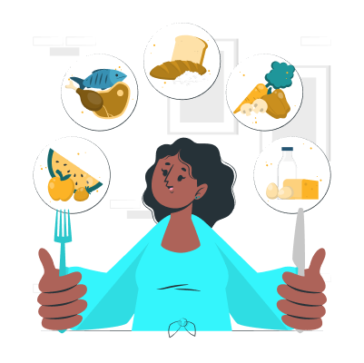 pick your menu - illustration of lady eating a variety of foods